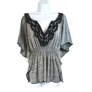 My Michelle Gray Black Lace Flutter Sleeve Peplum Blouse Top Women's L Boho